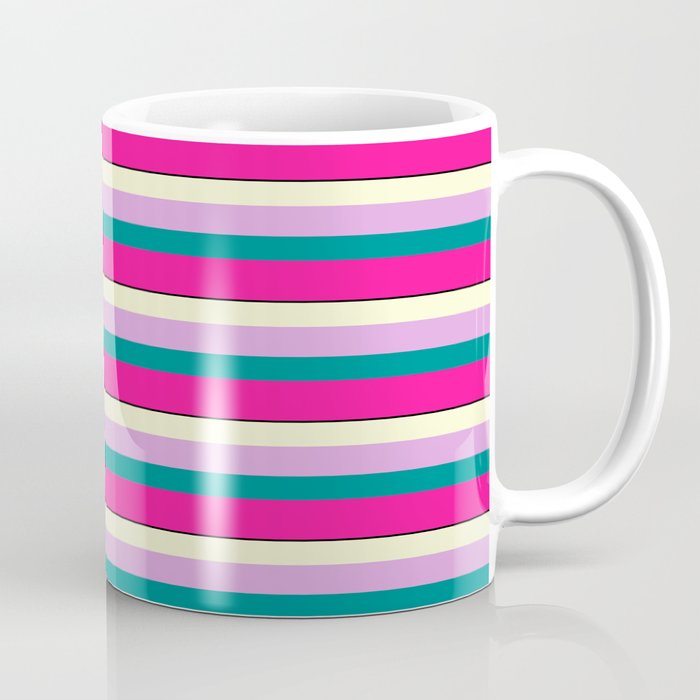 Colorful Light Yellow, Plum, Dark Cyan, Deep Pink & Black Colored Lined Pattern Coffee Mug