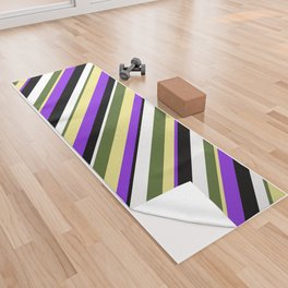 [ Thumbnail: Vibrant Purple, Tan, Dark Olive Green, White & Black Colored Lined/Striped Pattern Yoga Towel ]