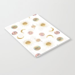 Gold Sun Moon Planets Space White illustration Notebook
