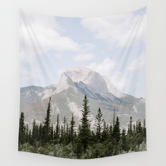 GREEN PINE TREES NEAR MOUNTAIN UNDER WHITE CLOUDS Wall Tapestry