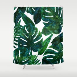 Tropical Nature Monstera Watercolor Painting, Botanical Jungle Dark Palm Illustration Shower Curtain