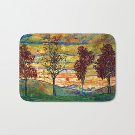 Classical Masterpiece 'Four trees - Quattro alberi' by Egon Schiele Bath Mat | Sky, Redtrees, Colorful, Painting, Egonschiele, Tuscany, Curated, Flowers, Beautifultrees, Redleaves 