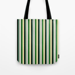 [ Thumbnail: Eyecatching Tan, Light Slate Gray, Forest Green, Black, and White Colored Lined/Striped Pattern Tote Bag ]