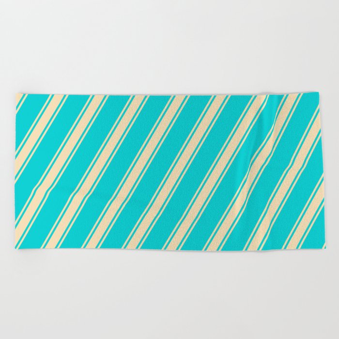 Dark Turquoise and Tan Colored Lines Pattern Beach Towel