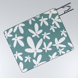 Quirky Floral Pattern, Teal, Pink and White Picnic Blanket