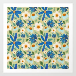 Blue and White Flowers Pattern Art Print