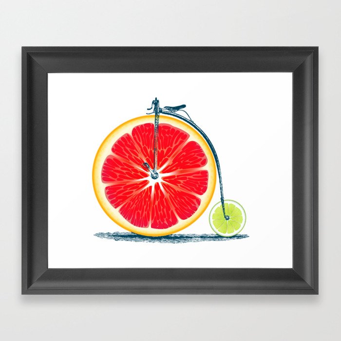 Vintage Retro Cute Red Orange Lime Bike with Old Frame Look and Citrus Wheels Framed Art Print