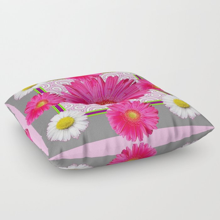 Fuchsia Gerbera & Shasta Daisy  Pink-Grey Pattern Art Floor Pillow
