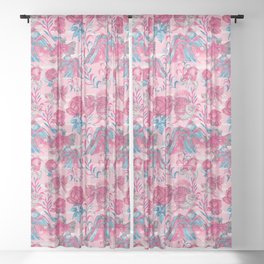 Japanese gold fishes with florals - pink and blue Sheer Curtain