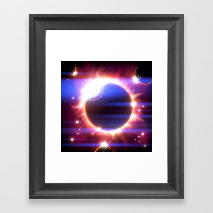 An outer space background with an eclipse, planets and stars.  Framed Art Print