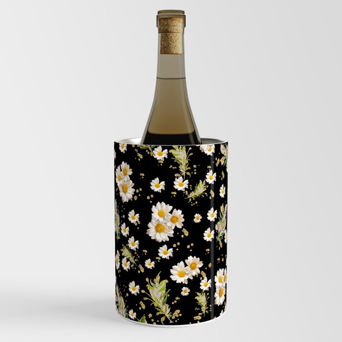 White Daisies Floral Field Pattern Seamless Cottagecore Midnight Black Background Wine Chiller