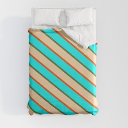 [ Thumbnail: Tan, Red, Aqua & Dark Olive Green Colored Lined/Striped Pattern Duvet Cover ]