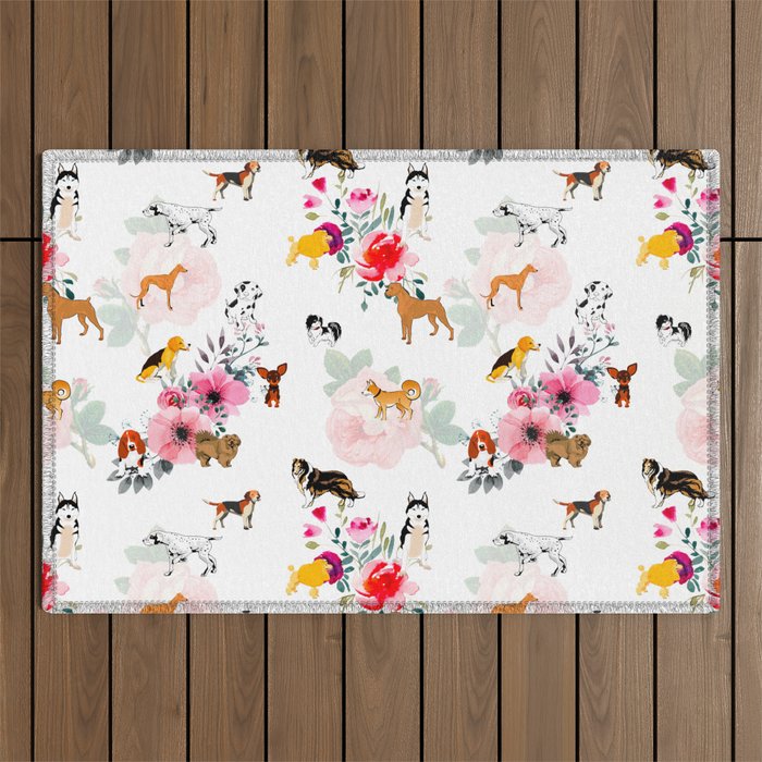 Puppies,dogs,pattern,flowers,roses  Outdoor Rug