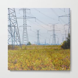 Landscape with power lines Metal Print | Photo, Wire, Industry, Pylon, Electrical, Voltage, High, City, Pole, Tower 