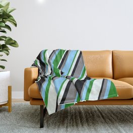 [ Thumbnail: Gray, Light Sky Blue, Forest Green, Mint Cream & Black Colored Striped Pattern Throw Blanket ]