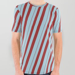 [ Thumbnail: Brown and Light Blue Colored Striped/Lined Pattern All Over Graphic Tee ]
