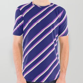 [ Thumbnail: Midnight Blue, Orchid, and Beige Colored Lined Pattern All Over Graphic Tee ]