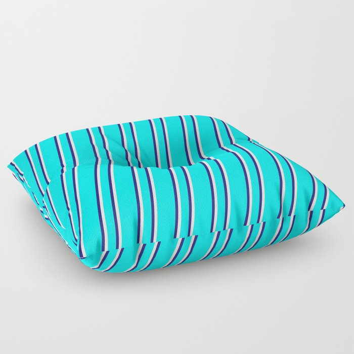 Aqua, Midnight Blue, and White Colored Stripes Pattern Floor Pillow
