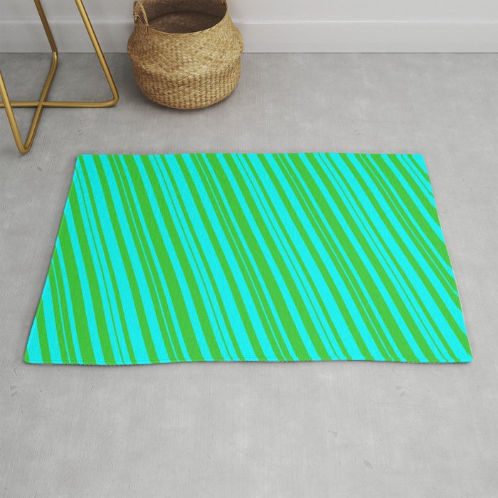 Cyan & Lime Green Colored Lined Pattern Rug