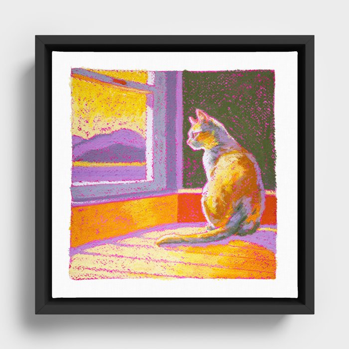 Sun Cat V2 | Interior Oil Pastel Cat Drawing | Warm, Vibrant Colors Framed Canvas