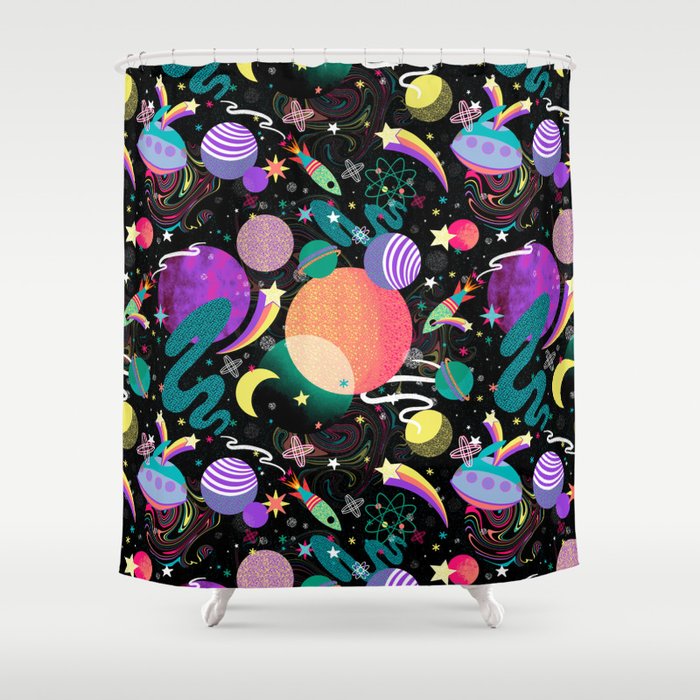Are We There Yet Space Theme Colorful Galaxy Pop-Art Kids Pattern Shower Curtain