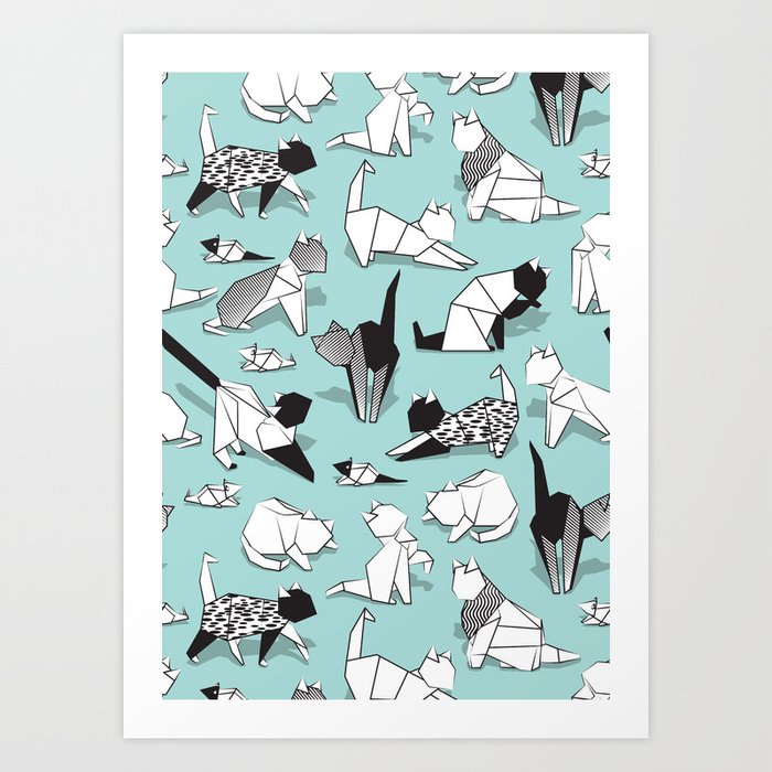 Origami kitten friends // aqua background paper cats Art Print