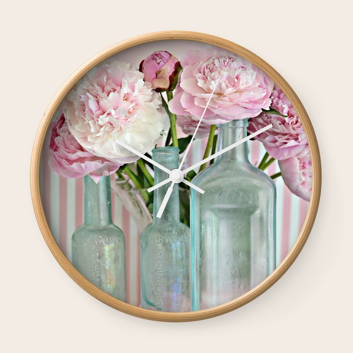 Peonies Shabby Chic Cottage Pink Aqua Peony Bottles Art Print Home Peonies Shabby Chic Cottage Pink Aqua Peony Bottles Art Print Home Decor Wall Clock