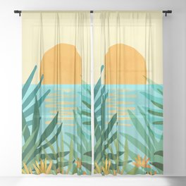 Tropical Ocean View Landscape Illustration Sheer Curtain