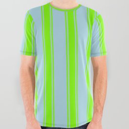 [ Thumbnail: Light Blue and Chartreuse Colored Striped Pattern All Over Graphic Tee ]