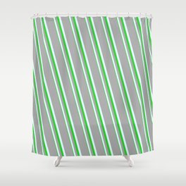 [ Thumbnail: Dark Gray, Light Cyan, and Lime Green Colored Lines Pattern Shower Curtain ]