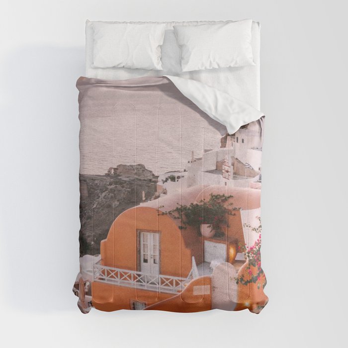 Sunset View over Santorini | Village of Oia in the Greek Cyclades | Orange and Yellow Tones: Travel Photography in Greece Comforter