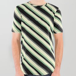 [ Thumbnail: Light Yellow, Dark Sea Green, Black, and Dim Gray Colored Striped Pattern All Over Graphic Tee ]
