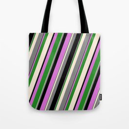 [ Thumbnail: Vibrant Beige, Gray, Black, Orchid & Forest Green Colored Stripes Pattern Tote Bag ]