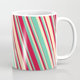 [ Thumbnail: Aquamarine, Crimson, and Beige Colored Striped/Lined Pattern Coffee Mug ]