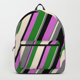 [ Thumbnail: Vibrant Beige, Gray, Black, Orchid & Forest Green Colored Stripes Pattern Backpack ]