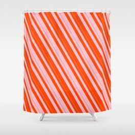 [ Thumbnail: Pink and Red Colored Lined Pattern Shower Curtain ]