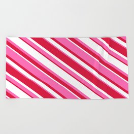 [ Thumbnail: Crimson, White & Hot Pink Colored Striped/Lined Pattern Beach Towel ]