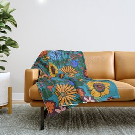 In the Weeds - Retro Floral Blue Throw Blanket