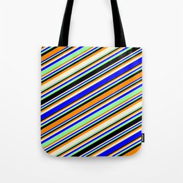 [ Thumbnail: Vibrant Dark Orange, Beige, Blue, Green, and Black Colored Lines/Stripes Pattern Tote Bag ]
