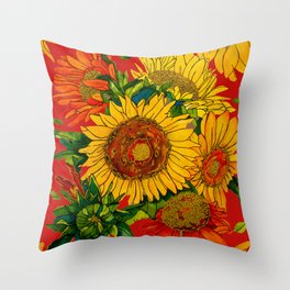 Glorious Sunflowers on Red Throw Pillow