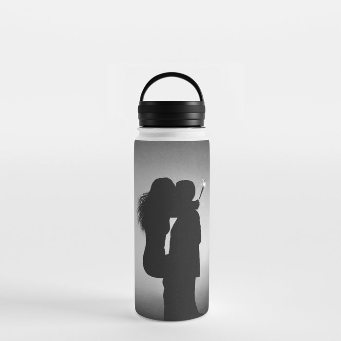 One more kiss goodnight; silhouette of couple kissing under a crescent moon and stars black and white romantic photograph - photography - photographs Water Bottle