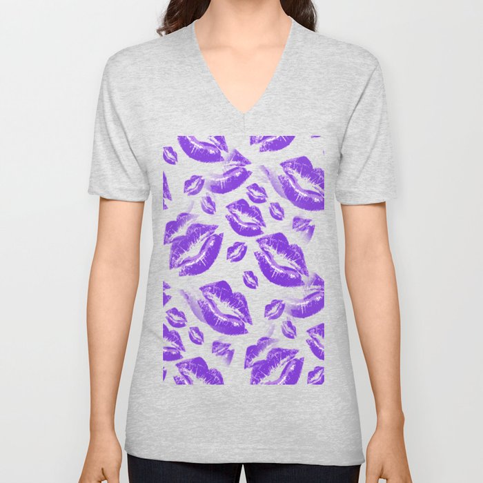 Two Kisses Collided Luscious Lilac Colored Lips Pattern V Neck T Shirt