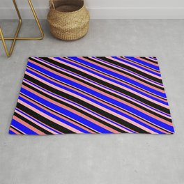 [ Thumbnail: Light Coral, Blue, Light Pink, and Black Colored Lines Pattern Rug ]