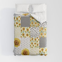 Sunflower Quilt - patchwork, boho, summer, black and white, feminine, floral,  Comforter