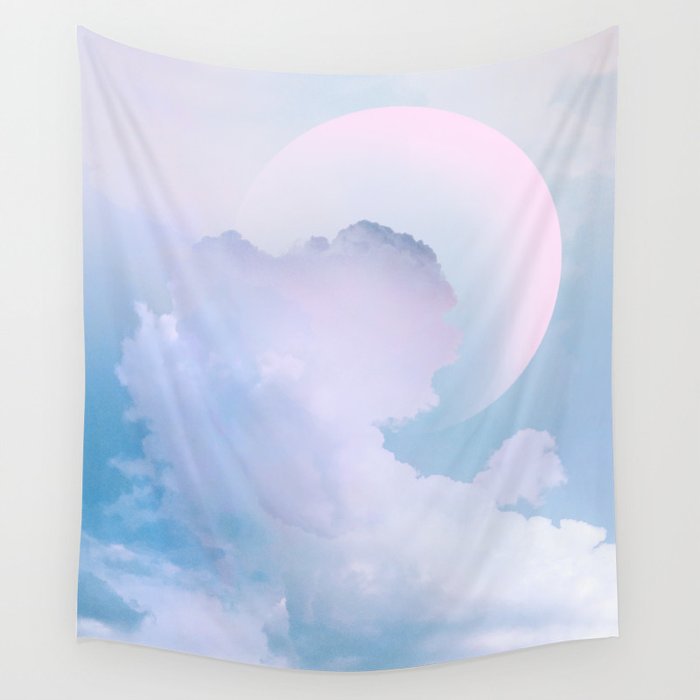 Dreamy Pastel Blue Sky with Moon Wall Tapestry