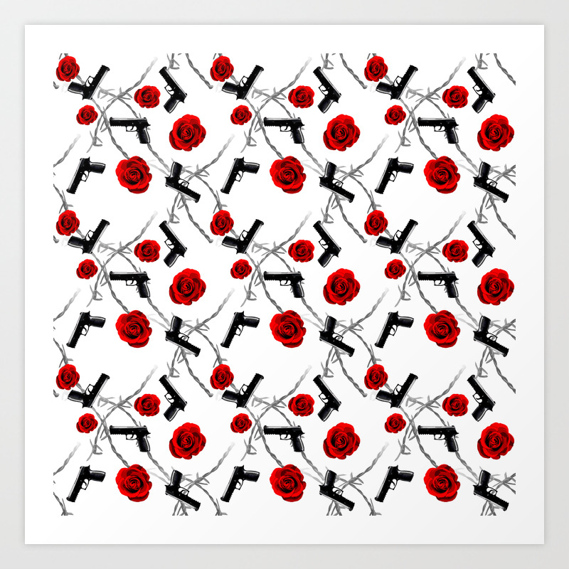 Roses Barbed Wire Guns Pattern Love Is War Art Print
