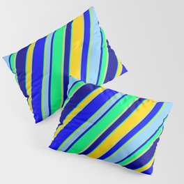[ Thumbnail: Eyecatching Blue, Green, Yellow, Light Sky Blue & Dark Blue Colored Lines/Stripes Pattern Pillow Sham ]