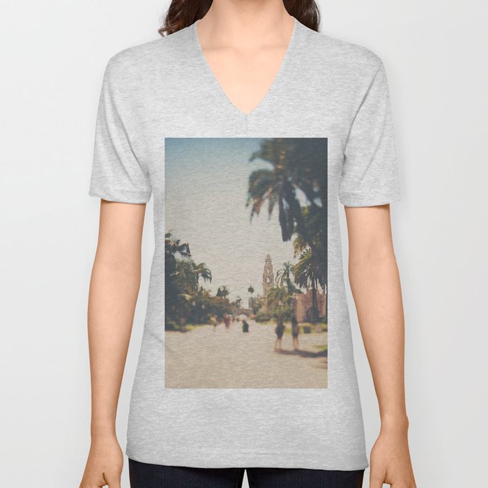 walking through Balboa Park in San Diego, California V Neck T Shirt