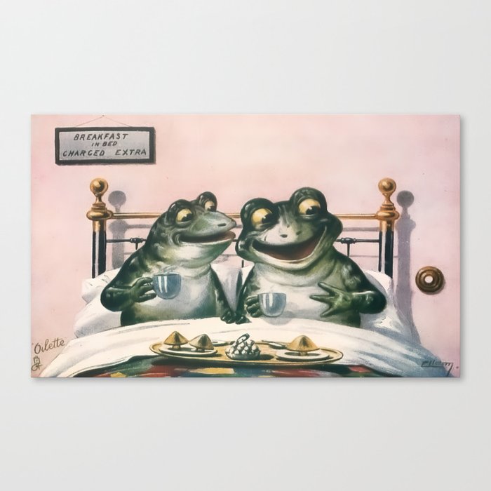 Breakfast In Bed Frogs Vintage Postcard Art Canvas Print
