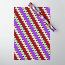 [ Thumbnail: Purple, Light Green, Dark Red & Tan Colored Stripes/Lines Pattern Wrapping Paper ]